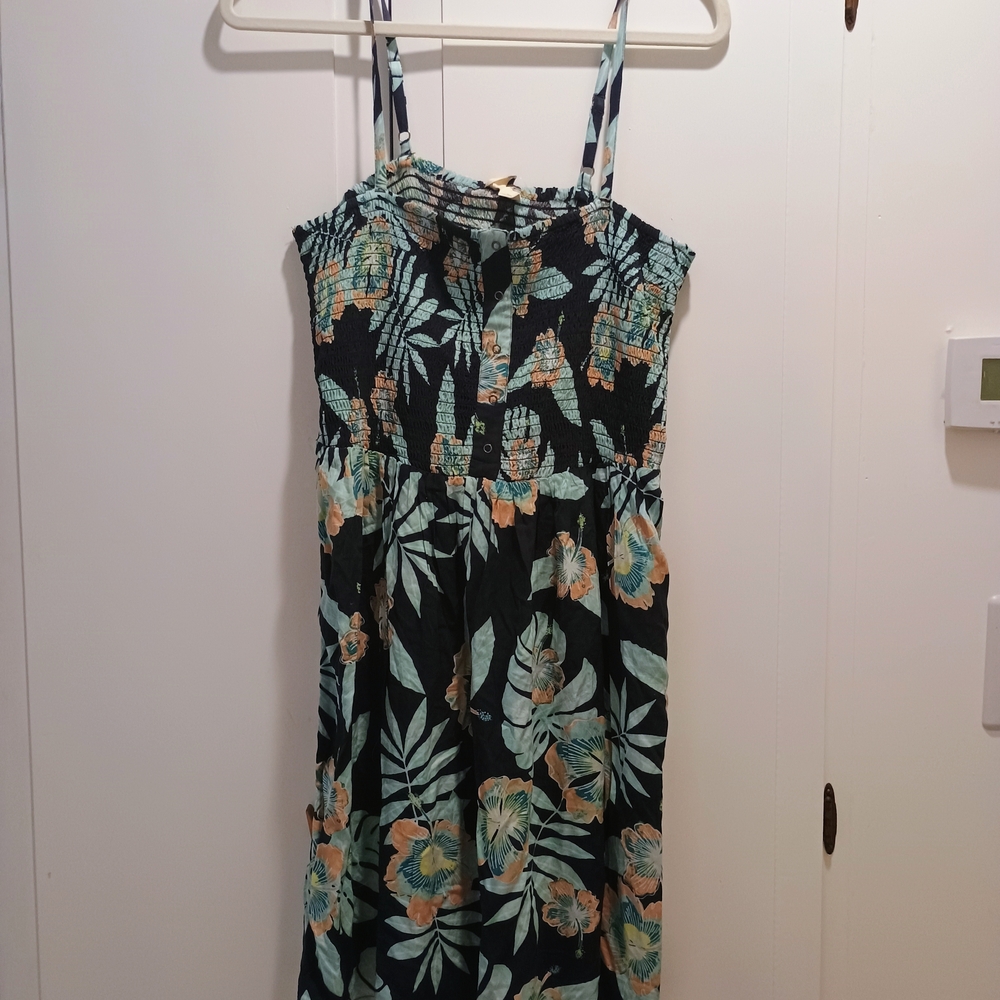 Roxy Tropical Floral Smocked Dress in Black, Teal & Peach